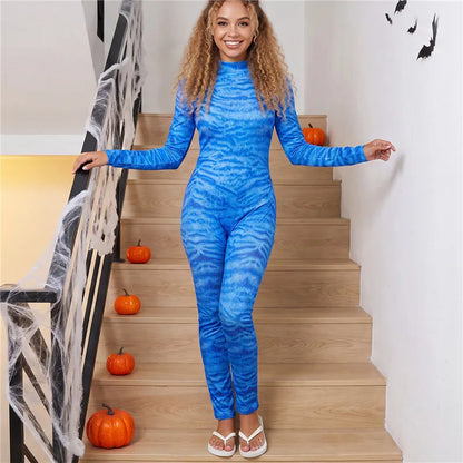 Skinny Jumpsuit Women Blue Tiger Print High Neck Long Sleeve Bodysuit Avatar Cosplay Costume Club Halloween Party Outfit