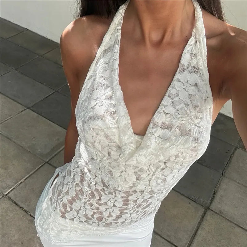 Women's Y2K Lace Halter Top Cowl Neck Sleeveless Asymmetric Hem See-Through Mesh Slim Fit Club Party Cami Tank Top