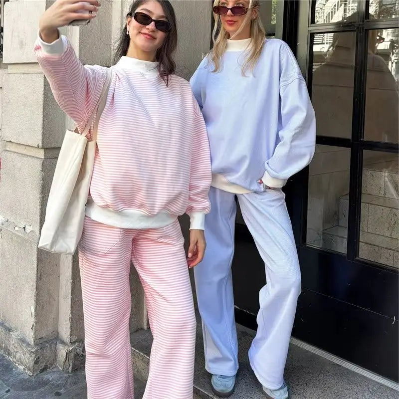 Striped Sweatshirt Sets for Women 2 Piece Pants Outfits Y2k Long Sleeve High Neck Pullover and Pants Spring Tracksuit