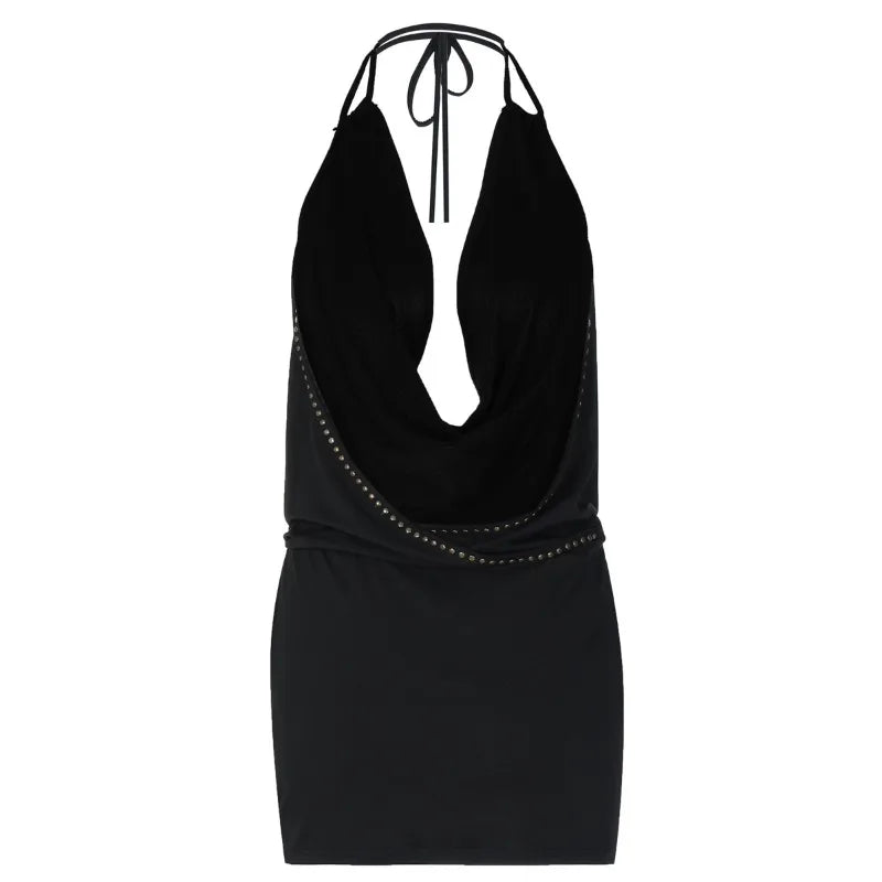 Embellished Deep V Neck Backless Mini Dress Sexy Outfits Women Club Wear Black Dresses