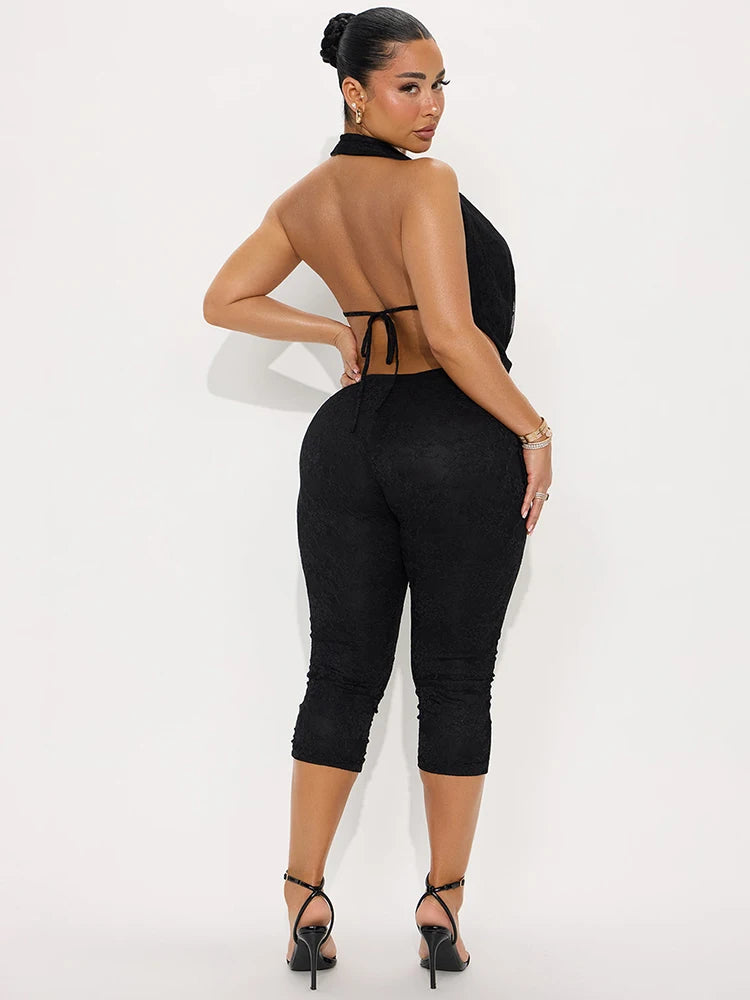 Swing Collar Jacquard Playsuit Women Lace-Up Backless Halter Skinny Sexy Midnight Summer Trend Classic Simple Romper