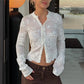 Hollow Floral Lace Women Cropped Cardigan Stand Collar Long Sleeve Button Sheer See Through Cover Up Casual Beach Tops
