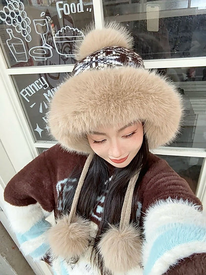 Cute Fair Isle Plush Lining Strap Pom Pom Knit Beanie For Women