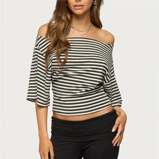 Women's Off Shoulder Striped Solid Mid Sleeve Top Loose Fit Cropped Blouse Casual Y2K Streetwear Summer Vacation Party