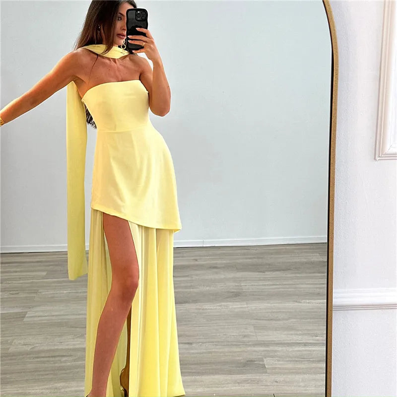 Women Strapless Long Dress with Neck Scarf Off Shoulder Sleeveless Backless High Split Mesh Flowy Tube Top Party Dresses