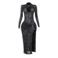 See Through Lace Mesh Black Party Dresses for Women Sexy Hollow Long Sleeve Side Split Maxi Dress