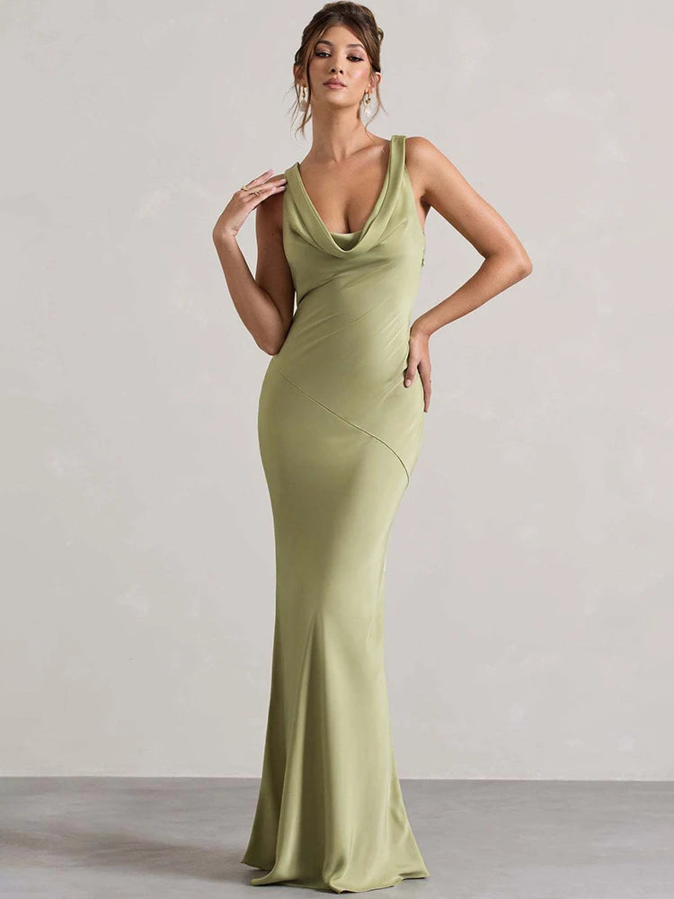 Satin Cowl Neck Backless Sexy Maxi Dress Women Gown Fashion Sleeveless Lace-up Bodycon Club Party Long Dress Female