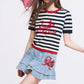 Y2K Striped Knit T-Shirt with Devil Heart Print, Retro Harajuku Short Sleeve Top, Aesthetic Slimming Knitted Jumper