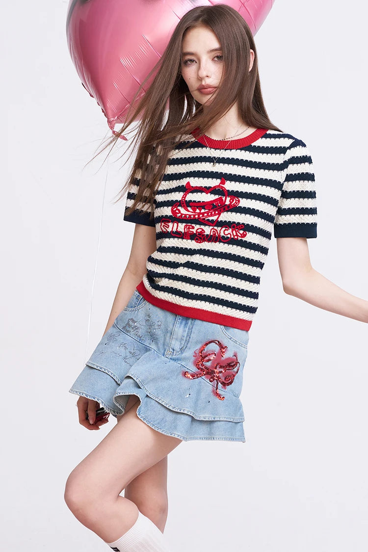 Y2K Striped Knit T-Shirt with Devil Heart Print, Retro Harajuku Short Sleeve Top, Aesthetic Slimming Knitted Jumper