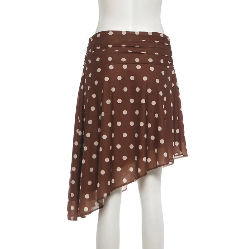 Brown and White Polka-dot Asymmetrical Midi Skirt for Woman Clothing
