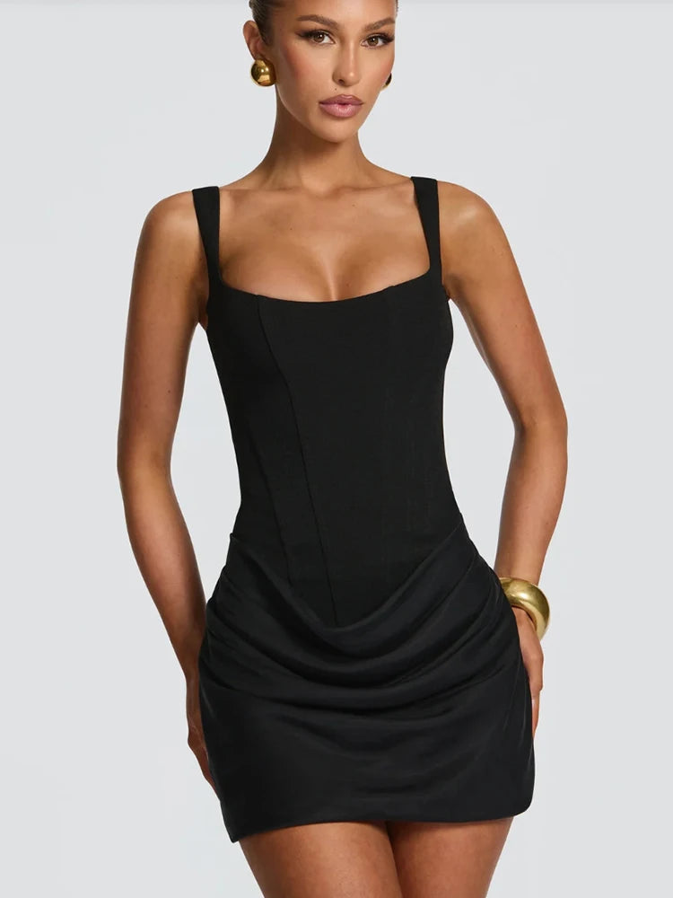 Backless Ruched Sexy Mini Dress Women Elegant Tapered Straps Square Collar Sleeveless High Waist Club Party Dress