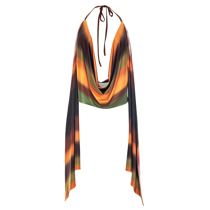 Colorful Print Tank Top Women Sexy Swing Collar Backless Halter Irregular Ribbon Patchwork Trend Street Club Vest