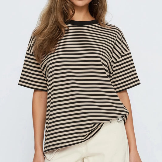 Oversized Short Sleeve Tops Women Vintage Striped Print Graphic T Shirts Y2k Crew Neck Teen Girl Loose Baggy Tee
