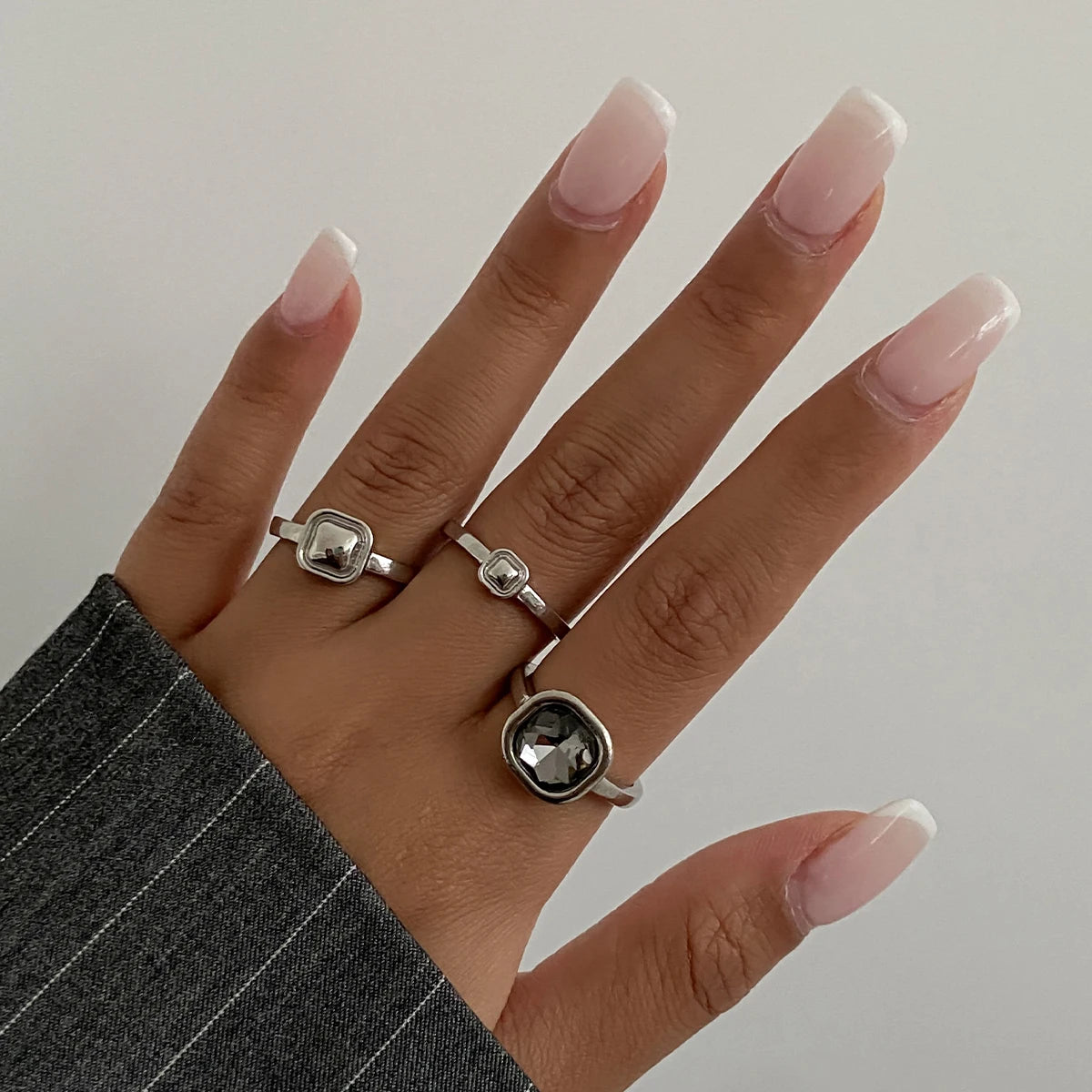 Women's Trendy Minimalist Acrylic Rhinestone Open Rings Geometry Square Adjustable Knuckle Party Jewelry Set