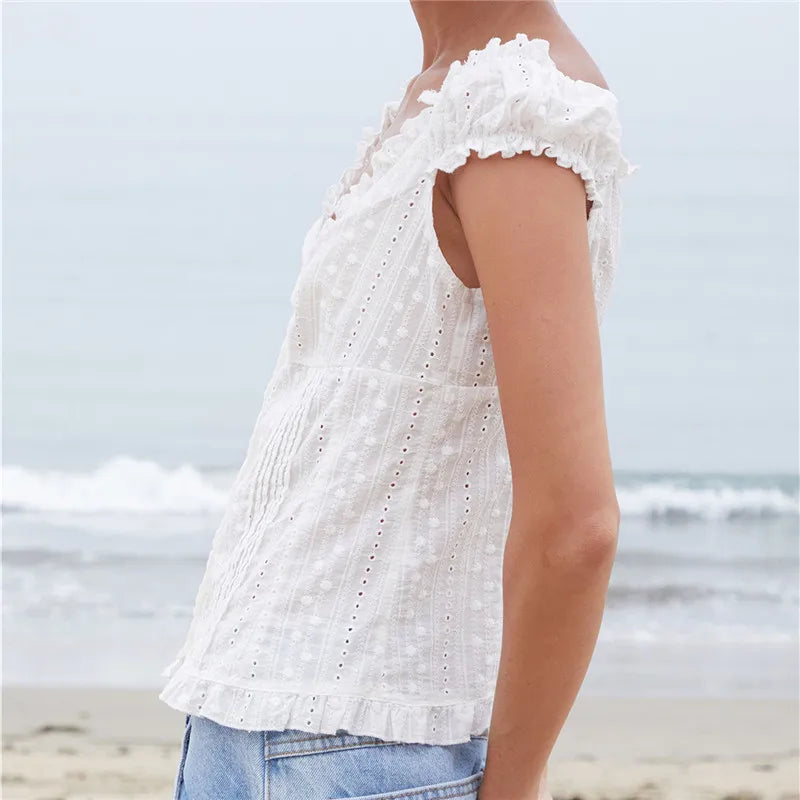 Boho Summer Eyelet Cutout Blouse Ladies Off The Shoulder Ruffle Trim V Neck Button Down Pleated Slim Fit Top Beachwear