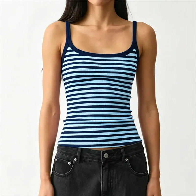 Women Striped Ribbed Tank Top U Neck Sleeveless Slim Fit Cami Top Y2K Retro Stripe Print Summer Casual Camisole