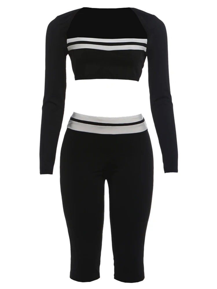 2 Piece Set Woman Contrast Patchwork Autumn Trend Low-Neck Full Sleeve Crop Tops+Skinny Peach Hip Long Pant Sexy Suit