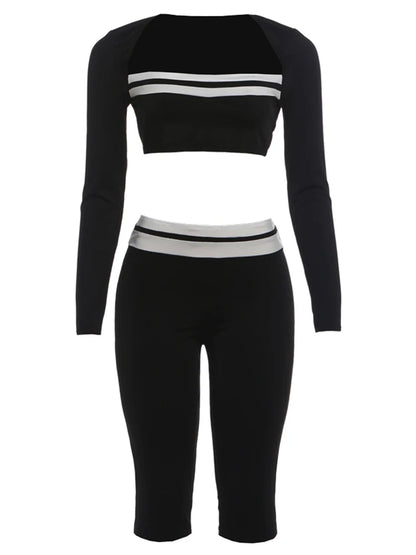 2 Piece Set Woman Contrast Patchwork Autumn Trend Low-Neck Full Sleeve Crop Tops+Skinny Peach Hip Long Pant Sexy Suit