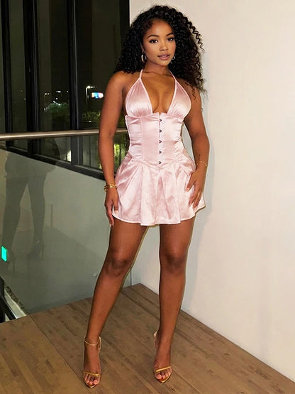 Sexy Backless Mini Dress Woman Lace-Up Halter Single-Breasted Shape Waist Look Slimmer Summer Elegant Style Bodycon