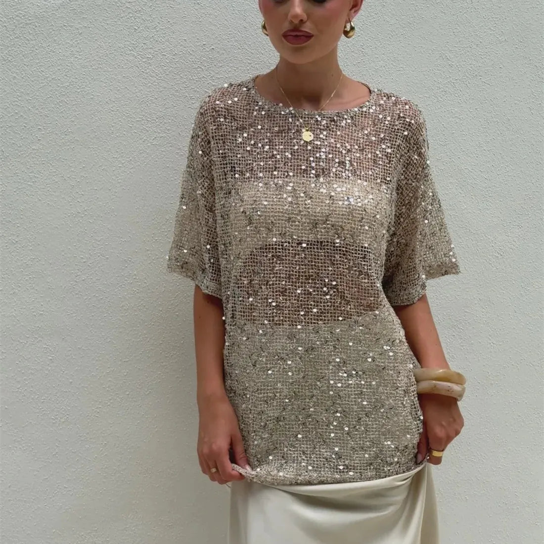 Women's Summer Sequined T-Shirt Casual Loose Fit Stylish Solid Color See Through Crew Neck Elbow Sleeve Tops Cover Ups