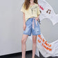 Cute Cartoon Doodle Print Striped T-Shirt, Crew Neck Oversized Casual Tee, Sweet Loose Top for Women