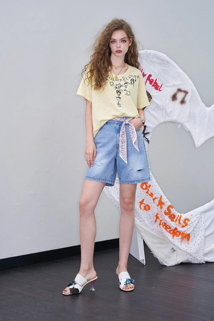 Cute Cartoon Doodle Print Striped T-Shirt, Crew Neck Oversized Casual Tee, Sweet Loose Top for Women