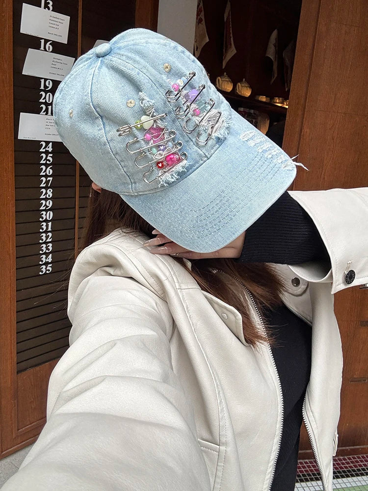 Women's Y2K Distressed Denim Baseball Cap, Bead Embellished Washed Jean Dad Hat, Adjustable Streetwear Sun Hat