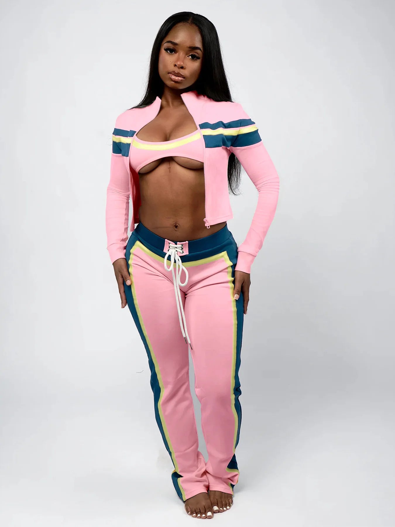 Casual 3 Piece Set Women Patchwork Print Zip Long Sleeve Crop Tops+Bra+Shirring Pants Matching Street Stretch Outfits