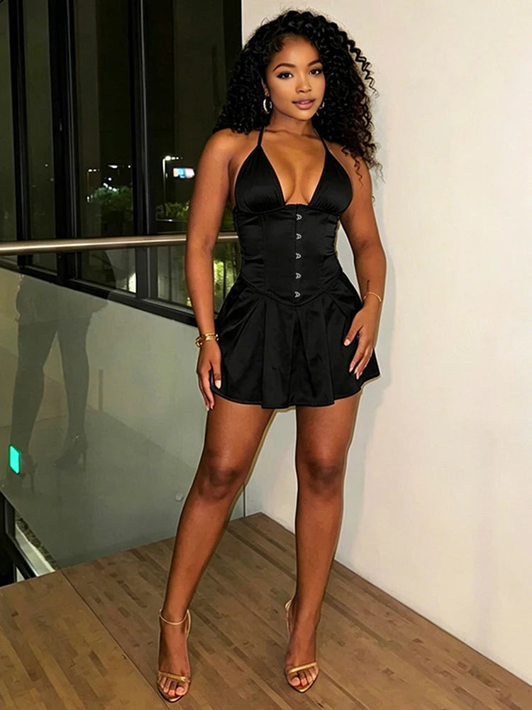 Sexy Backless Mini Dress Woman Lace-Up Halter Single-Breasted Shape Waist Look Slimmer Summer Elegant Style Bodycon