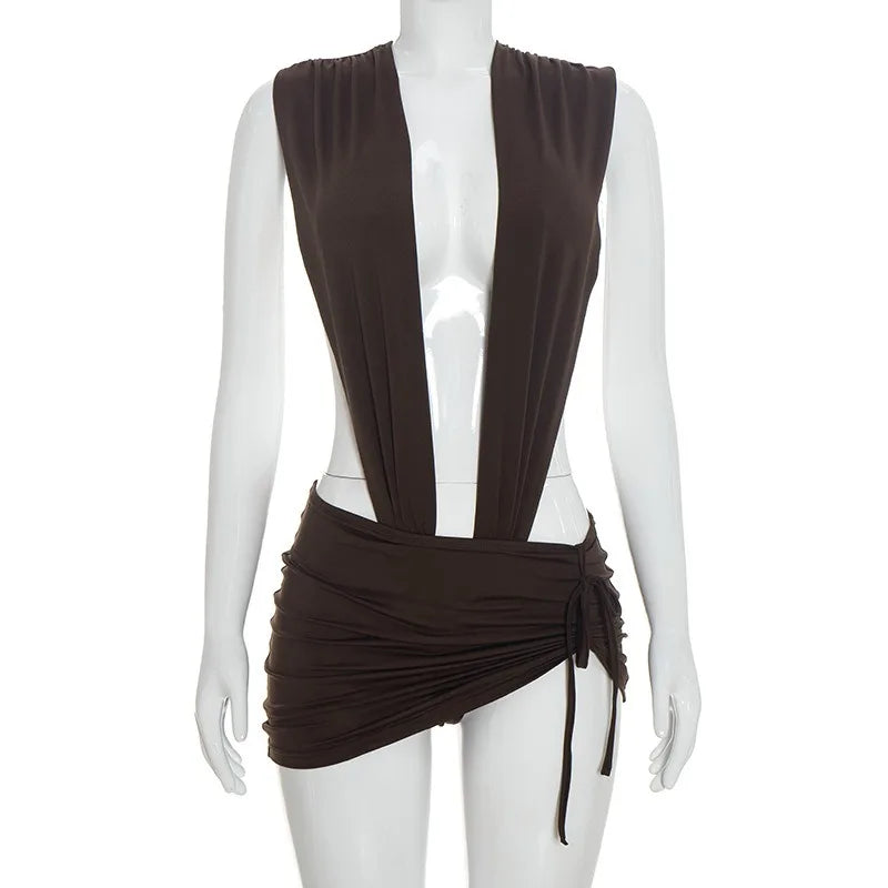 Women 2 Piece Bodycon Outfit Sleeveless Deep V Cutout Bodysuit Drawstring Ruched Mini Skirt Nightclub Party Matching Set