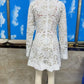 Women Lace Beach Mini Dress Deep V Neck Flare Long Sleeve Hollow Tie Front Sheer Floral Lace Vacation Party Short Dress