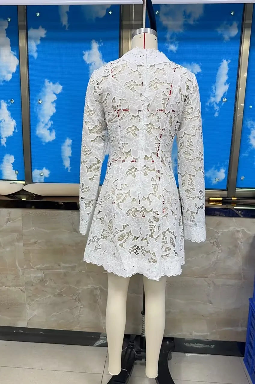 Women Lace Beach Mini Dress Deep V Neck Flare Long Sleeve Hollow Tie Front Sheer Floral Lace Vacation Party Short Dress