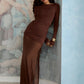 Long Sleeve Backless Ruched Sexy Maxi Dress Women Gown Elegant Patchwork O Neck High Waist Bodycon Club Party Dresses