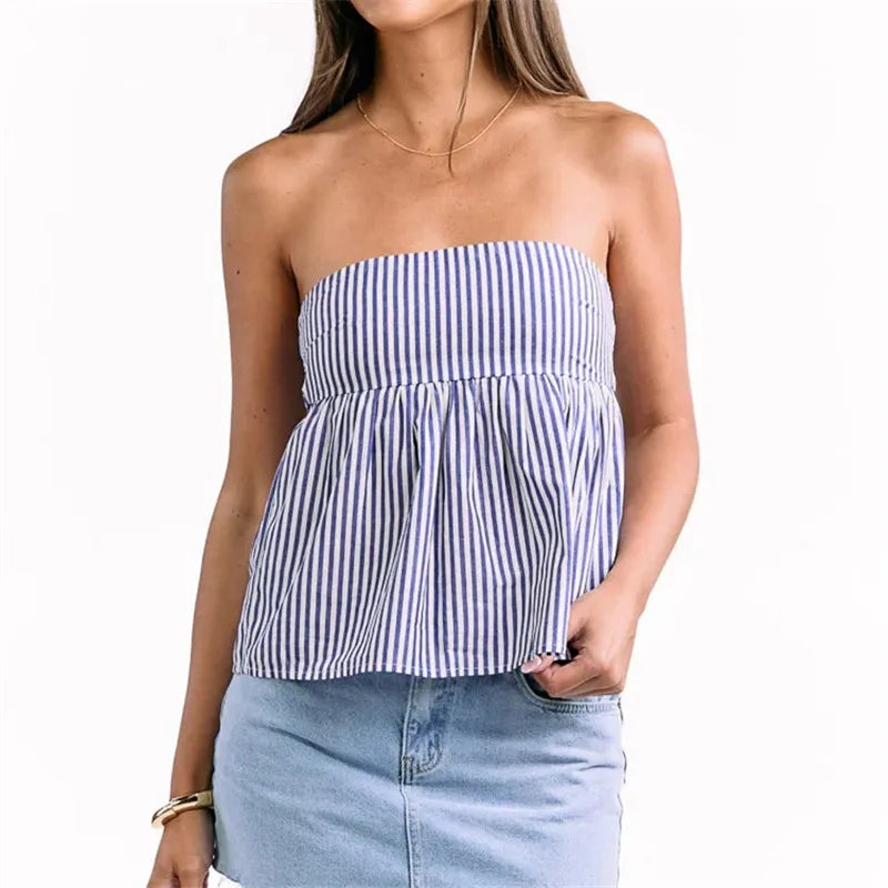 Y2K Vintage Strapless Tube Babydoll Top Women Back Bow Tie Gathered Peplum Flowy Solid Stripe Summer Beach Casual Tops