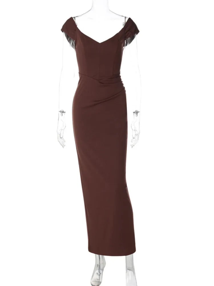 V Neck Short Sleeve Sexy Maxi Dress Women Elegant Off-shoulder Backless Back Split Bodycon Club Party Long Dress