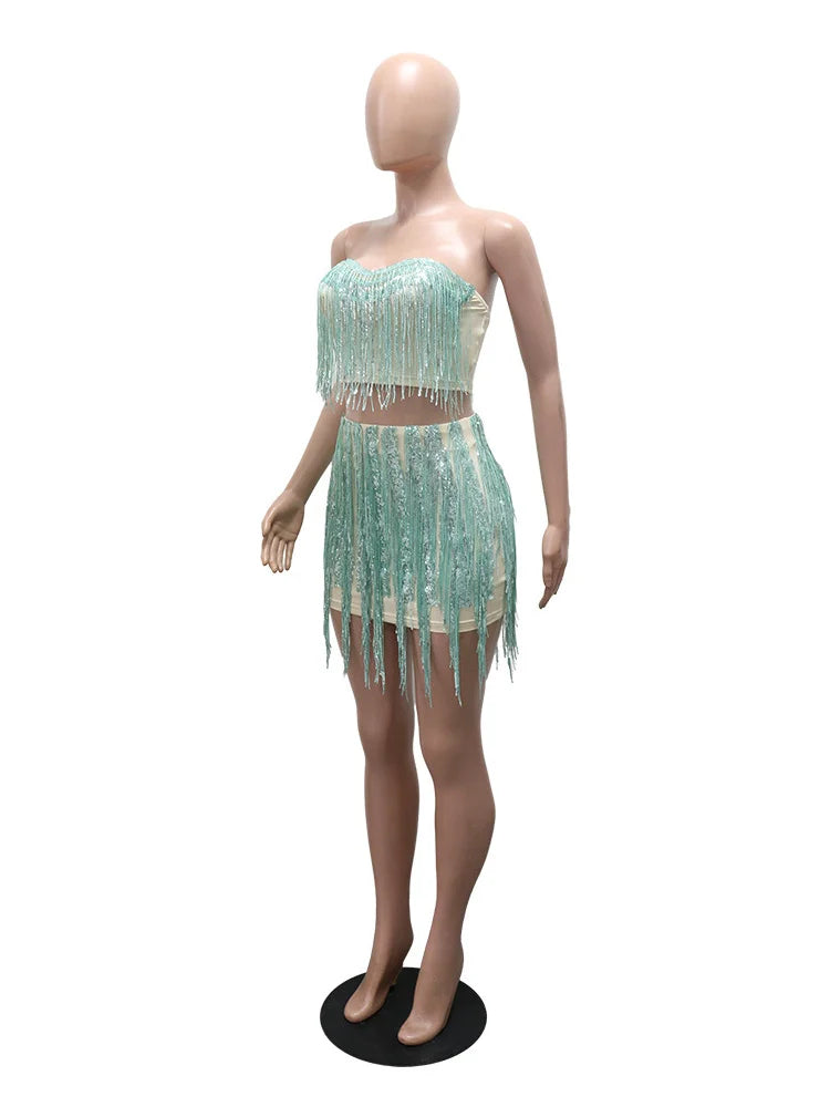 Sequin Tassel 2-Piece Set Women Low-Neck Strapless Mini Tops+Zipper Skinny Skirts Sexy Midnight Wild Hottie Coquett Suit