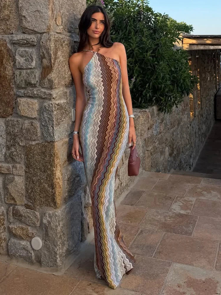 Colorful Print Long Dress Woman Summer Trend Halter Off Shoulder Backless Vacation Beach Party Elegant Style Vestidos