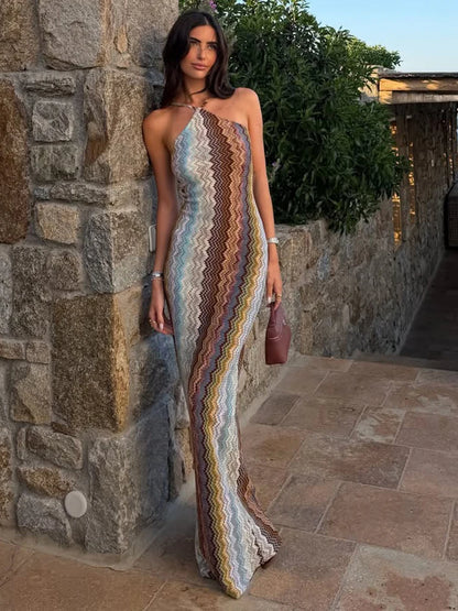 Colorful Print Long Dress Woman Summer Trend Halter Off Shoulder Backless Vacation Beach Party Elegant Style Vestidos
