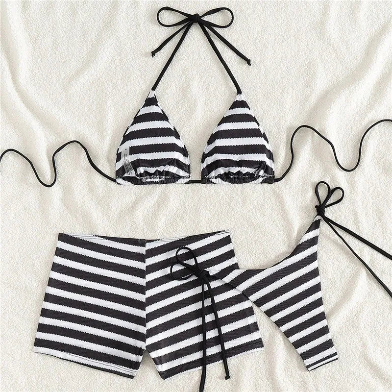 Women Striped 3 Piece Bikini Set Halter Triangle Top Side Tie Bikini Bottom With Cover Up Shorts Swimsuit Summer Beach