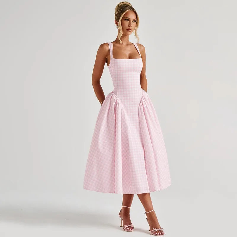 Square Neck Sleeveless Backless A-line Long Dresses Princess Style Pink Plaid Dress Summer Elegant