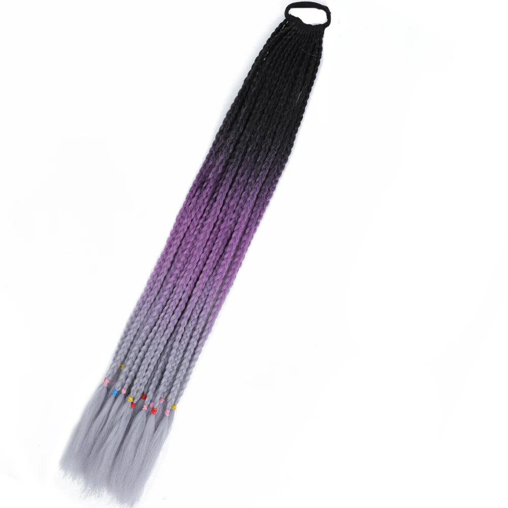 Synthetic 24inch Girls Colored Box Braided Ponytail With Elastic Rubber Band Hair Extensions Rainbow Color Box Pigtail Hairpiece