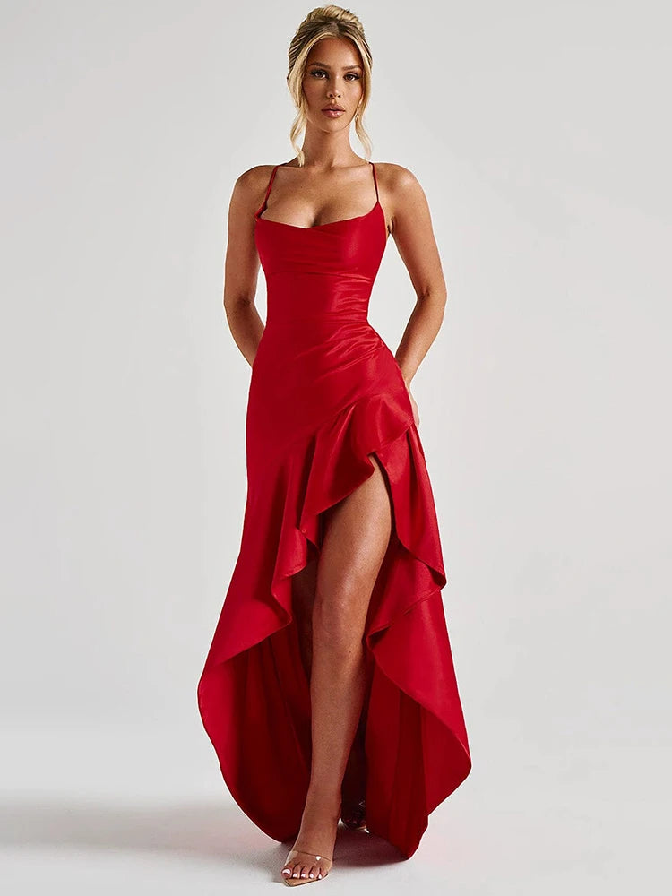 Satin Spaghetti Strap Ruffle Sexy Maxi Dress Women Off-shoulder Sleeveless Backless Thigh High Split Club Party Dress