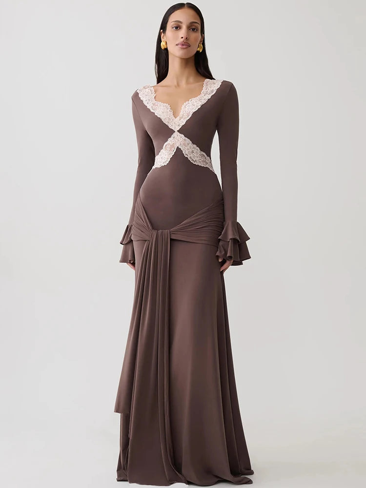 Women V‑Neck Lace Patchwork Sexy Maxi Dress Long Flare Sleeve Bodycon Mermaid Evening Dress  Party Wedding Guest Dress