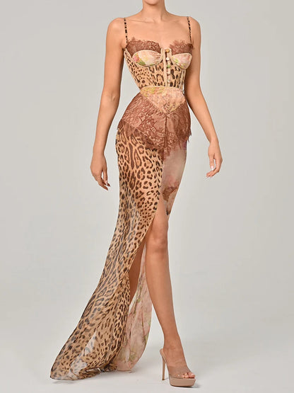 Leopard Print Lace Split Sexy Maxi Dress Women Gown Elegant Patchwork Chiffon Sleeveless Backless Beach Evening Dress