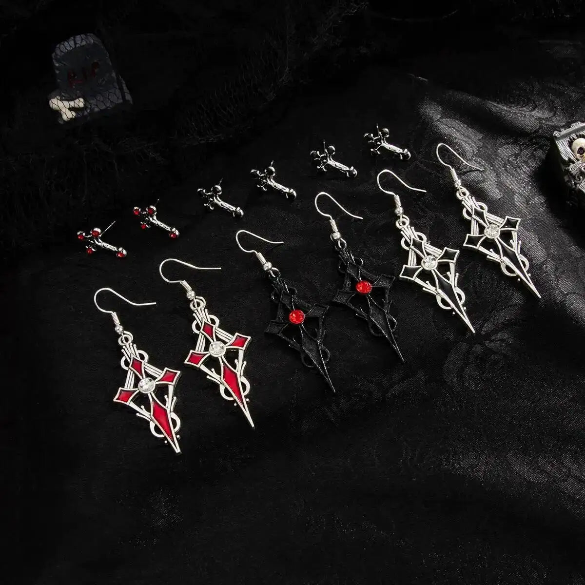 6Pairs/Set Women's Vintage Gothic Oil Dripping Cross Drop Earrings Punk 2025 Style Halloween Party Jewelry Accessories