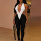 Sexy Halter Jumpsuit Women Summer V-Neck Backless Patchwork Peach-Shaped Butt Elastic Tight Birthday Party Overalls