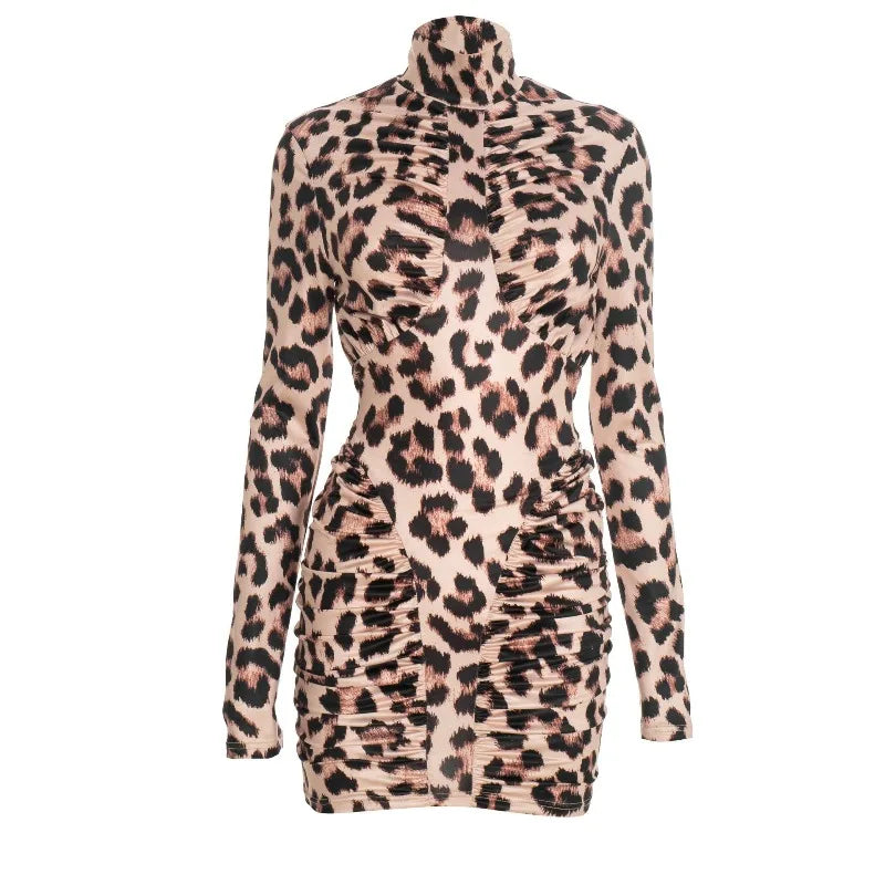 Leopard Print Long Sleeve Mini Dress Sexy Woman Clothes Turtleneck Hollow Backless Bodycon Dresses Clubwear