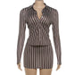 Women Vertical Stripe Two Piece Matching Set Lapel Button Long Sleeve Top And Bodycon Mini Skirt Slim Sexy Clubwear