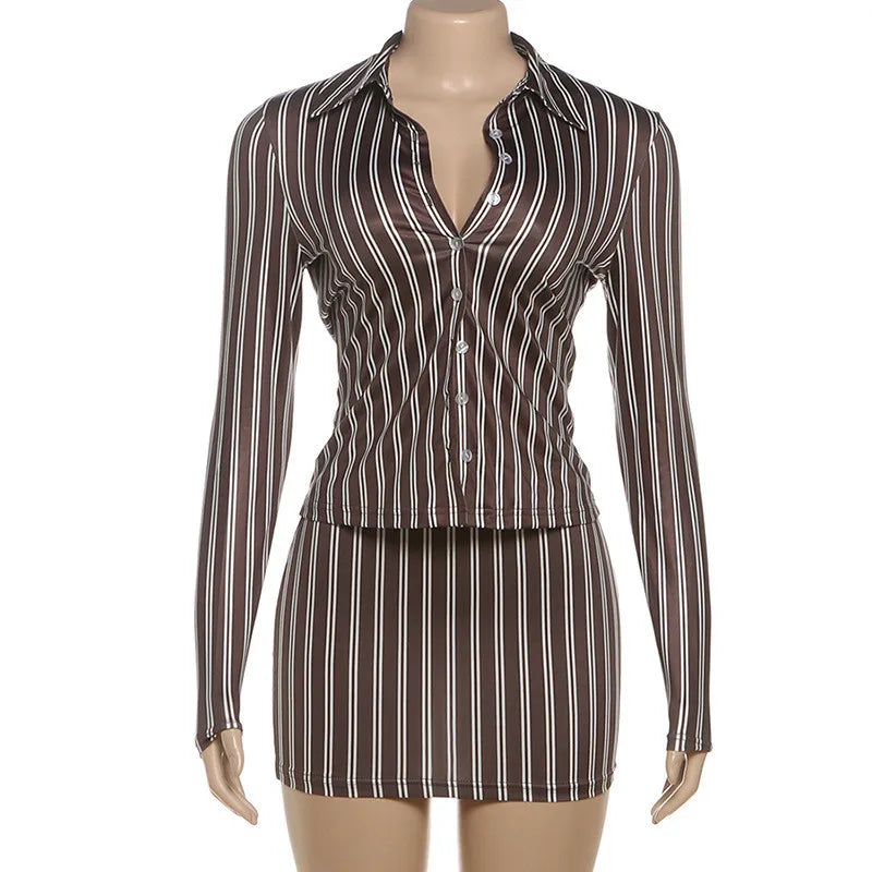 Women Vertical Stripe Two Piece Matching Set Lapel Button Long Sleeve Top And Bodycon Mini Skirt Slim Sexy Clubwear