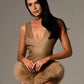Faux Leather Backless Furry Patchwork Hem Bodysuits Woman Skinny Low-Neck Sleeveless Hot Girls High Street Style Outfits